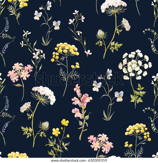 水彩花柄 華やかな花の壁紙 野草のピンク タンジー ヒナギク 白い花のクイーンアンのレース 暗い背景にレトロな壁紙 のイラスト素材