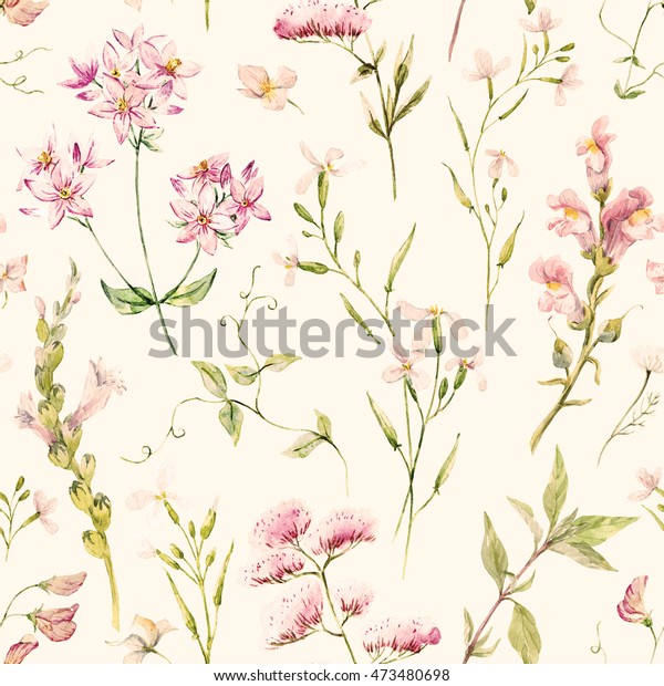 水彩花柄 繊細な花柄の壁紙 ピンクの背景 レトロ のイラスト素材
