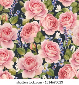 Watercolor Floral Pattern With Gently Pink English Rose And Spring Flowers. Lilies Of The Valley, Violet, Bluebell And Forget-me-not. Dark Background