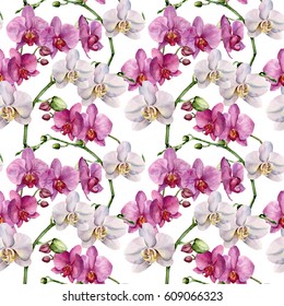 Watercolor floral pattern with orchids. Hand painted botanical ornament with white and violet flowers. For design, fabric or print