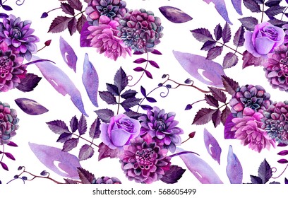 Watercolor Floral Pattern. Purple Flowers Background