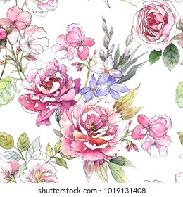 Watercolor Floral Pattern. Seamless Pattern With Purple And Pink Bouquet On White Background. Peonies And Roses.