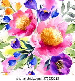 Watercolor Floral Pattern. Seamless Pattern With Purple And Pink Bouquet On White Background.