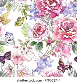 Watercolor Floral Pattern. Seamless Pattern With Purple And Pink Bouquet, Butterflies On White Background. Meadow Flowers. Peonies And Roses.