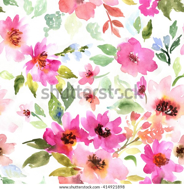 水彩花柄 白い背景にシームレスなパターンと紫とピンクのブーケ メドウの花 のイラスト素材