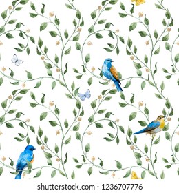 Watercolor Floral Pattern, White Berries And Leaves, Butterflies And Blue Birds On A Branch