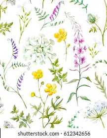 watercolor floral pattern  wild flowers blooming Sally   queen anne's lace  Buttercup yellow  flower mouse peas