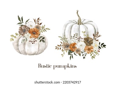 Watercolor floral pumpkin illustration  Pastel pumpkins   flower arrangements in rustic style  Fall bouquets set 