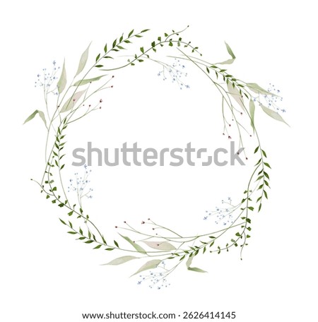 Watercolor floral round wreath frame. Meadow red, blue forget-me-not flowers, green wild branches, sage leaves, herbs.