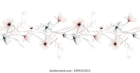 Watercolor floral seamless border frame. Delicate pastel pink, blue poppy flowers, mouse peas branches, leaves, herbs. Arkivillustrasjon