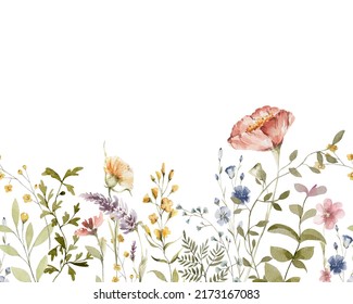 Watercolor Floral Seamless Border Hand Painted Stock Illustration ...