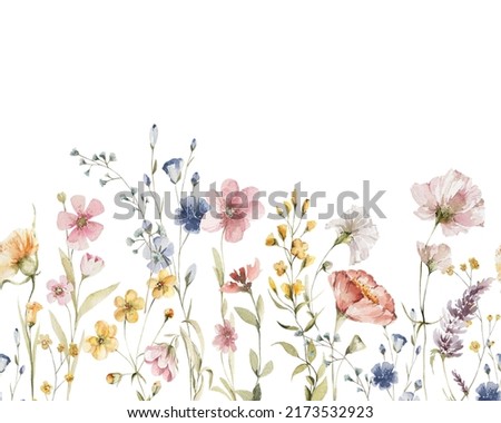 Watercolor floral seamless border. Hand painted frame of green leaves, wildflowers, field flowers, isolated on white background. Iillustration for design, print, background Foto stock © 