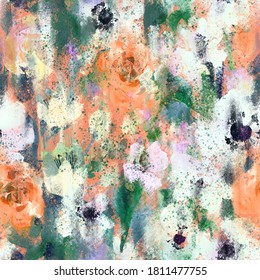 Watercolor floral seamless pattern with blurred roses. Hand drawn nature background made of meadow flowers with stains and splashes of paint, grunge texture. Flower buds blooming. Trendy mixed design.