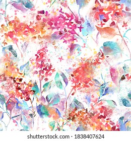 Watercolor floral seamless pattern with blurred lilac flowers. Colorful nature background made of meadow flowers with stains and splashes of paint, grunge texture. Spring blooming. Trendy mixed design