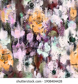 Watercolor floral seamless pattern with blurred roses. Bright nature background made of meadow flowers with stains and splashes of paint, grunge texture. Flower buds blooming. Trendy mixed design.
