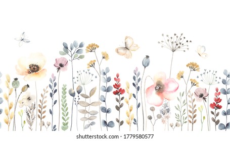 Watercolor floral seamless pattern with colorful wildflowers, leaves, plants and flying butterflies. Panoramic horizontal isolated illustration. Garden background in vintage style.