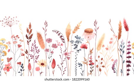 Watercolor floral seamless pattern with colorful wildflowers, plants and grass. Panoramic horizontal border, isolated illustration. Meadow in vintage style.