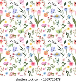 Watercolor floral seamless pattern. Cute botanical print, blooming summer meadow illustration with butterflies on white background. Pastel color palette. Great for nursery design, textile