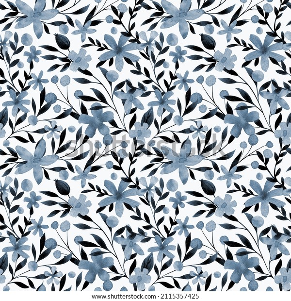Watercolor floral seamless pattern. Delicate botanical repeat print. Flowers, leaves vintage design. Blue, grey background for textile, fabric, apparel, wrapping paper, packaging, wallpaper.