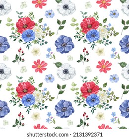 Watercolor floral seamless pattern. Hand painted illustration. Red, white and navy blue flowers, green leaves arrangement on white background. Botanical wallpaper.