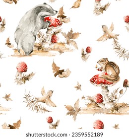 Watercolor floral seamless pattern. Hand painted autumn forest leaves, animals, badger, fern, fall leaf, mushrooms isolated on white background. illustration for card design, print, textile, fabric - Powered by Shutterstock