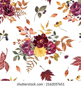 Watercolor floral seamless pattern with hand-painted jewel-toned red, burgundy, yellow flowers, dry orange leaves, foliage, and berries. Fall botanical print. Autumn-themed design.