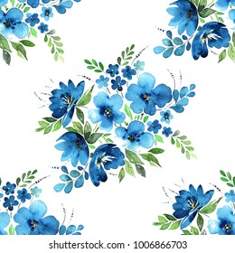 Watercolor Floral Seamless Pattern. Lovely Bouquets Of Blue Flowers, Leaves, Herbs And Fruits And Buds Isolated On White Background. Painted With Love.