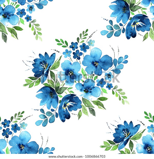 水彩花柄のシームレスな模様 白い背景に青い花 葉 ハーブ 果実 芽の美しい花束 愛で塗られた のイラスト素材 Shutterstock