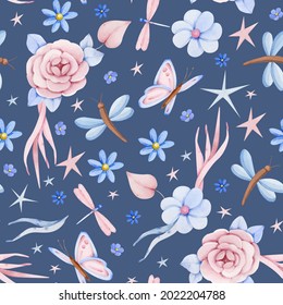 Watercolor Floral Seamless Pattern. Meadow Flowers. Dusty Pink Roses. Navy Blue Background. Dragonfly. Pink Butterfly. Baby Prints, Fabric.