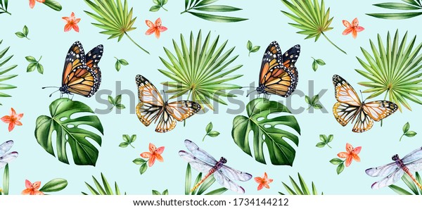 Watercolor floral seamless pattern. Monarch butterflies, dragonflies and palm leaves on light blue background. Tropical botanical hand drawn illustration for surface, textile, wallpaper design