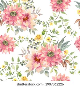 Watercolor Floral Seamless Pattern On A White Background.