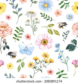 Watercolor floral seamless pattern on white background. Cute hand painted wildflowers, bees, butterfly, leaves. Botanical print.