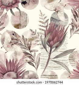 Watercolor floral seamless pattern with protea, butterfly and golden elements. Vintage hand drawn print