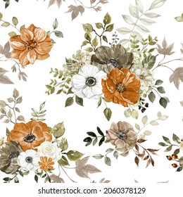 Watercolor Floral Seamless Pattern With Rust, Burnt Orange, Grey And Pastel Flowers On White Background. Beautiful Botanical Print. Fall Themed Design.