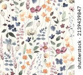 Watercolor floral seamless pattern in vintage rustic style, colored garden illustration on ivory background, hand painting print with abstract flowers, leaves and plants, design texture.