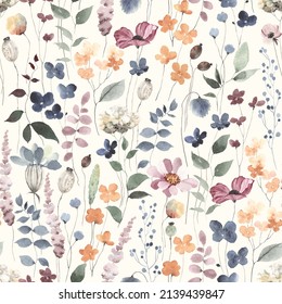 Watercolor floral seamless pattern in vintage rustic style, colored garden illustration on ivory background, hand painting print with abstract flowers, leaves and plants, design texture.