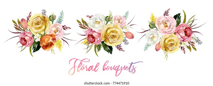 Watercolor floral set of 3 bouquets / arrangements - colorful flower illustration for wedding, anniversary, birthday, invitations, romance. Floral arrangement with flower composition.