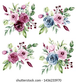 Watercolor Floral Set Bouquets Flowers Pink Stock Illustration 1436233952