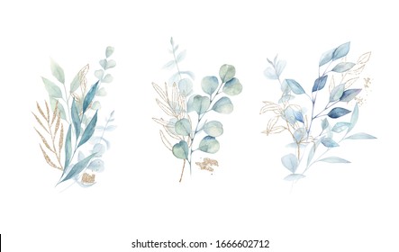 Watercolor Floral  Set With Green And Gold Leaf Branches, Eucalyptus, Olive Leaves On White Background, For Wedding Stationary, Greetings, Wallpapers, Fashion, Background. 