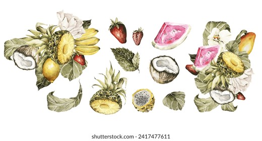 Watercolor floral set. Hand painted tropical leaves, strawberry, coconut, pineapple, watermelon, strawberry, mango. Isolated on white background. Botanical illustration for design, print, social media - Powered by Shutterstock