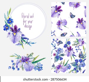 Watercolor floral set templates with irises for your design. Set of different gray and lilac flowers, butterflies, frame, decorative element and two seamless patterns for design.