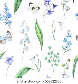 Watercolor floral spring pattern  violet flowers  lily the valley  forget  me    green leaves  butterfly