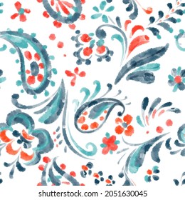 Watercolor floral summer ornament. Ethnic folk motif. Paisley style. Meadow plants, flowers, herbs and petals. Fashion seamless design for print, textile, fabric, wrapper and wallpaper.