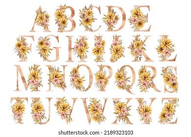 Watercolor Floral Sunflower Bouquets Alphabet Monogtram Letters. Hand Painted Botanic Flower Branch Composition For Wedding Invitations, Logotype, Monogram, Greeting Cards, Personalized Sublimations