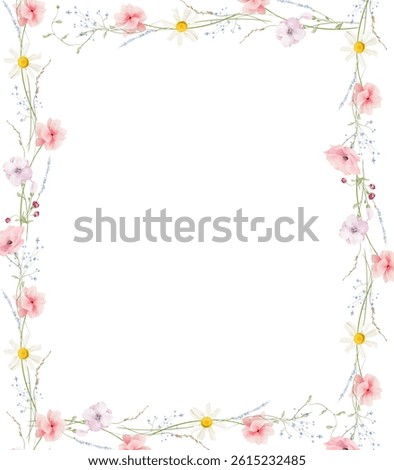 Watercolor floral vertical rectangular frame. Meadow pastel pink, peach, blue, yellow, violet flowers, green branches.