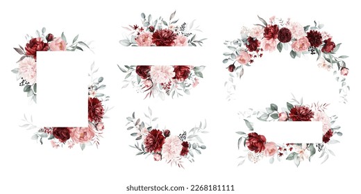 Watercolor floral wreath border bouquet frame collection set green leaves burgundy maroon scarlet pink peach blush white flowers leaf branches. Wedding invitations stationery wallpapers fashion prints ภาพประกอบสต็อก