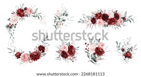 Watercolor floral wreath border bouquet frame collection set green leaves burgundy maroon scarlet pink peach blush white flowers leaf branches. Wedding invitations stationery wallpapers fashion prints Foto d'archivio © 