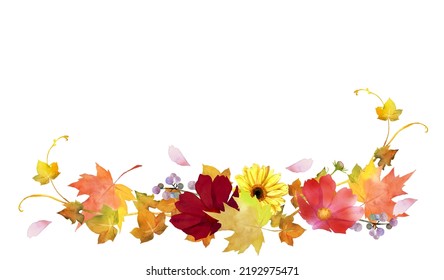 Watercolor Floral Wreath And Bouquet Frame Illustration With Cosmos Flower, Yellow Daisy, Autumn Leaves.