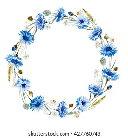watercolor floral wreath cornflower, chamomile, wild flowers, round frame, card