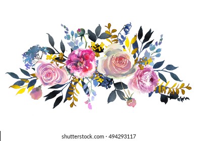 Watercolor Floral Wreath Gentle Pink Roses Peony Flowers And Navy Leaves Isolated On White Background.